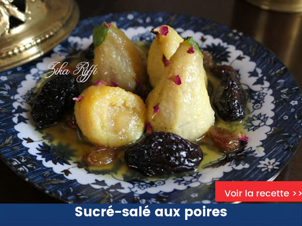 Sucré-salé aux poires farcies amandes et noix, prunes et dattes fraîches